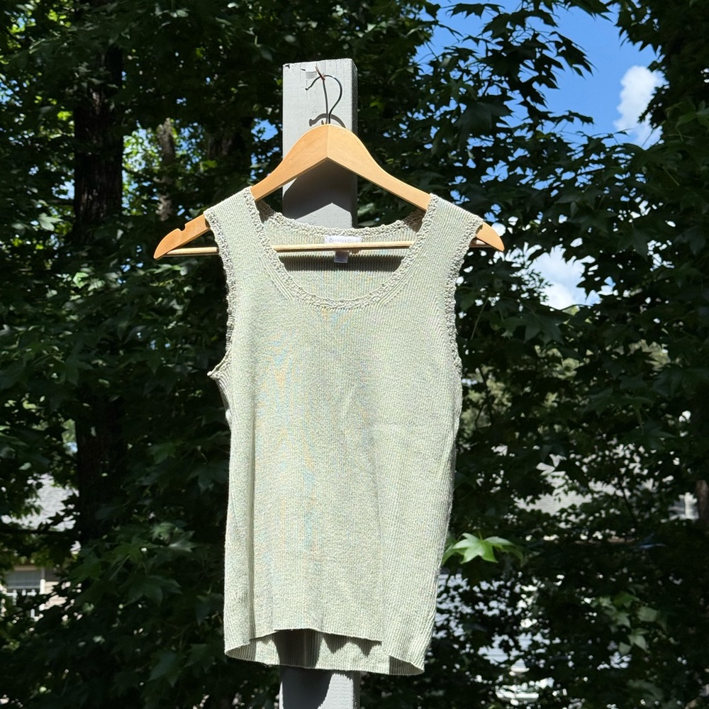 Charter Club Sage Green Soft Feminine Knit Sleeveless Tank Top crochet detail